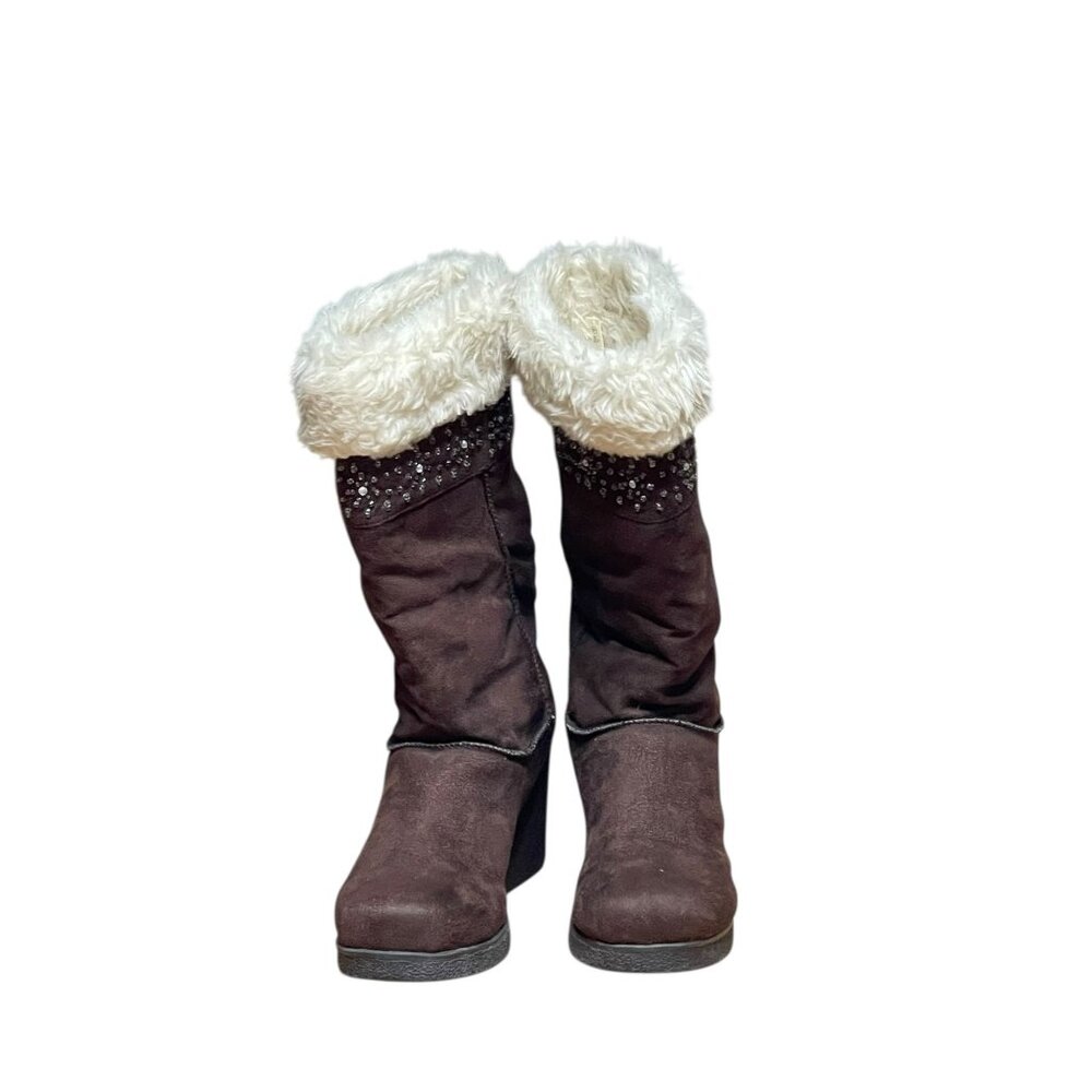 American Eagle Faux Suede Brown Wedge Boots With‎ Faux Fur Lining Size 9